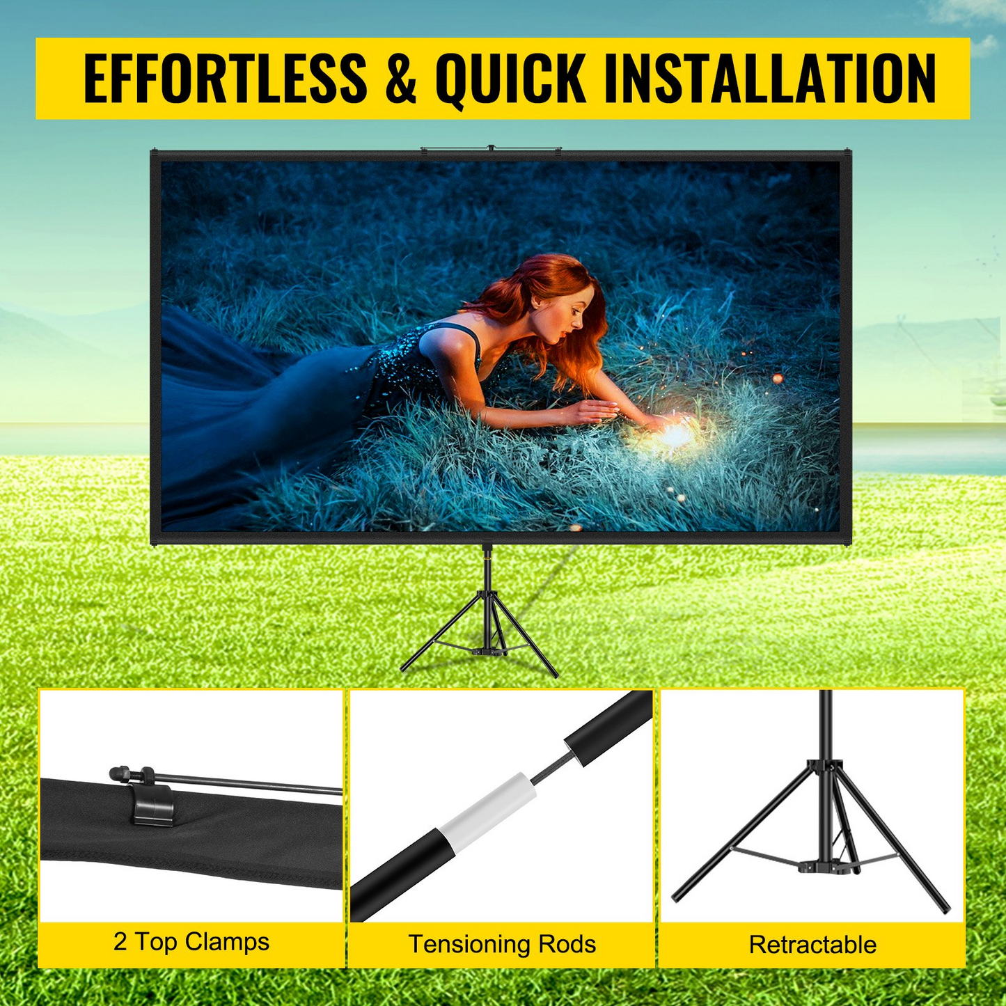 VEVOR Tripod Projector Screen with Stand 70 inch 16:9 4K HD Projection Screen Stand Wrinkle-Free Height Adjustable Portable Screen for Projector Indoor & Outdoor for Movie, Home Cinema, Gaming, Office